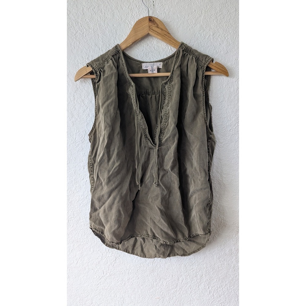 L.O.G.G. H&M Olive Green Sleeveless V-Neck Tie Blouse Top Womens Size 4